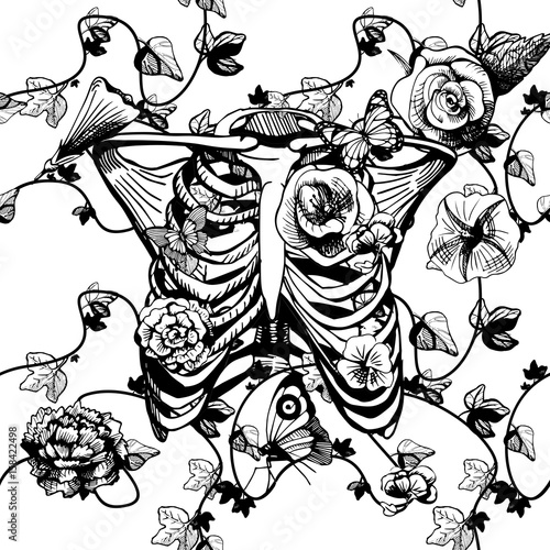Black and white ribcage with flowers