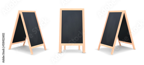 Realistic special menu announcement board icon set. Vector clean restaurant outdoor blackboard background. Mockup of chalkboard for restaurant menu, isolated on white background. Front and side view.