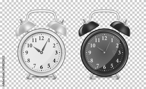 White and black alarm clock icon set. Design template closeup in vector. Mock-up for branding and advertise isolated on transparent background.