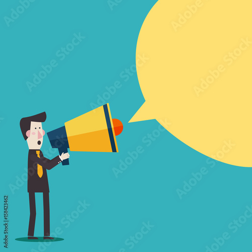 Business man shouting in a megaphone. Man announcing through loudspeaker advertising