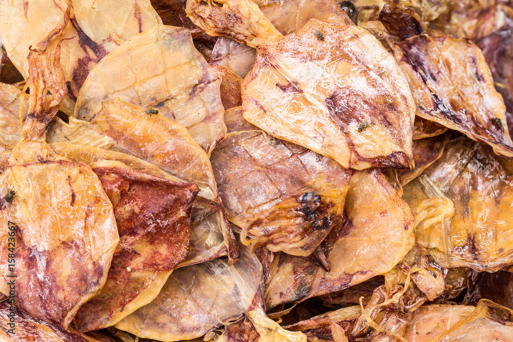 Squid Dried Food / Squid Dried Food For Sale On The Stalls Market At Kohyor In Songkhla, Thailand.