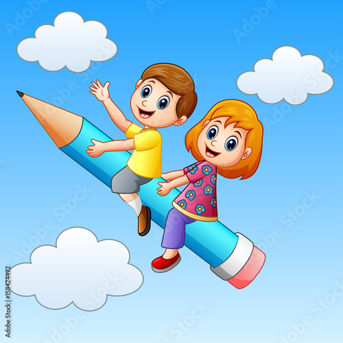 School kids riding a pencil