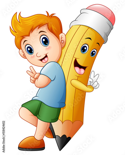 Schoolboy with cartoon pencil character gesturing peace