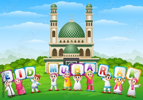 Happy cartoon kids celebrate eid mubarak