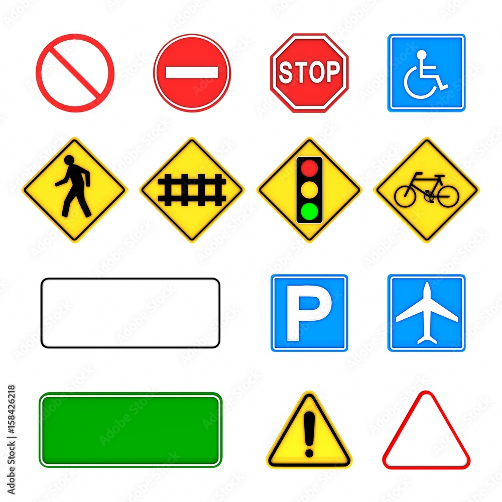 Image of various road signs isolated on a white background. 3D rendering Image of various road signs isolated on a white background. 3D rendering