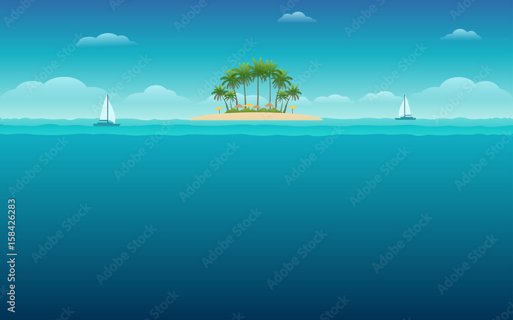 palm tree on island and blue sky background 