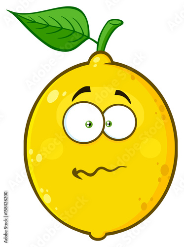 Nervous Yellow Lemon Fruit Cartoon Emoji Face Character With Confused Expression. Illustration Isolated On White Background