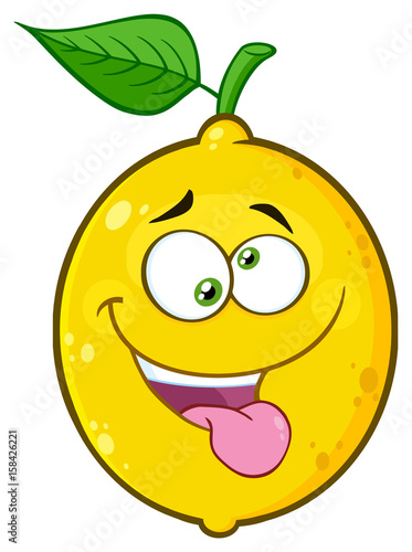Mad Yellow Lemon Fruit Cartoon Emoji Face Character With Crazy Expression And Protruding Tongue. Illustration Isolated On White Background