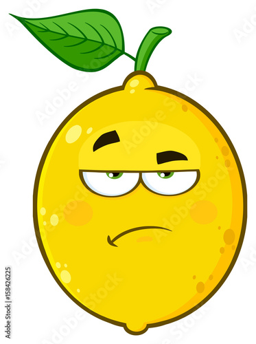 Grumpy Yellow Lemon Fruit Cartoon Emoji Face Character With Sadness Expression. Illustration Isolated On White Background