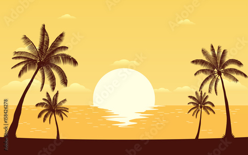 Silhouette palm tree on beach in flat icon design under sunset sky background © iamchamp