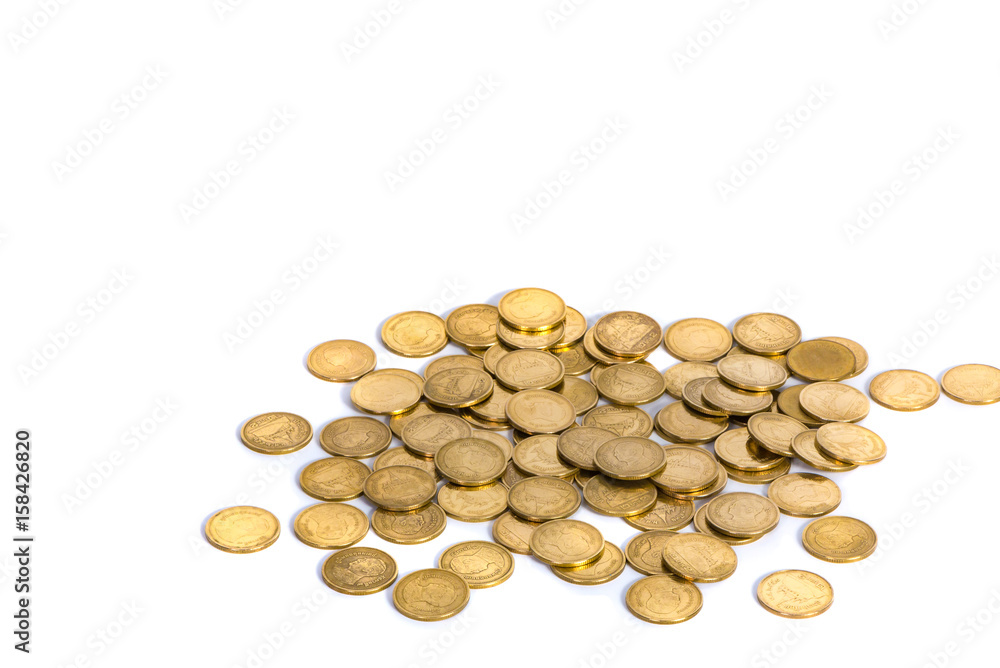 Gold coins on white background, business banking idea. Gold coins on white background, business banking idea.