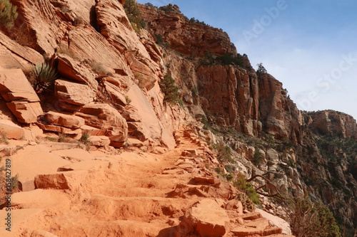 Amazing landscape in the Grand Canyon National Park, Arizona, USA. View on Kaibab trail in sunlight. South Rim. Hiking in the Grand Canyon. Nature background. 