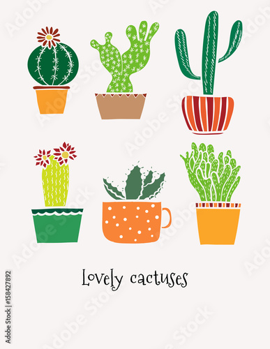 Set of doodle hand drawn color cactuses.