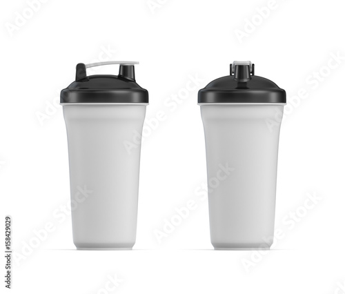 3d rendering of two white water shakers with black covers in side and front views on white background.