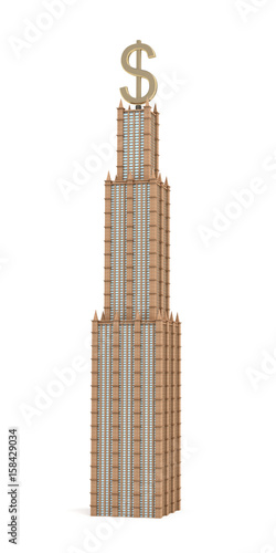 3d rendering of a three tiered skyscraper with a large USD sign as it's spire on white background.