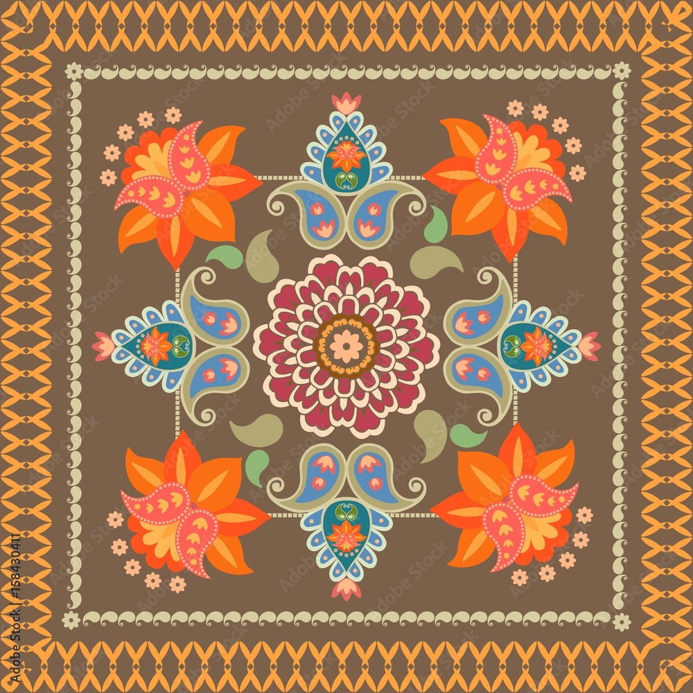 Decorative ornament with paisley in indonesian style. Batik. Bandana print,  napkin, carpet. Stock Vector | Adobe Stock