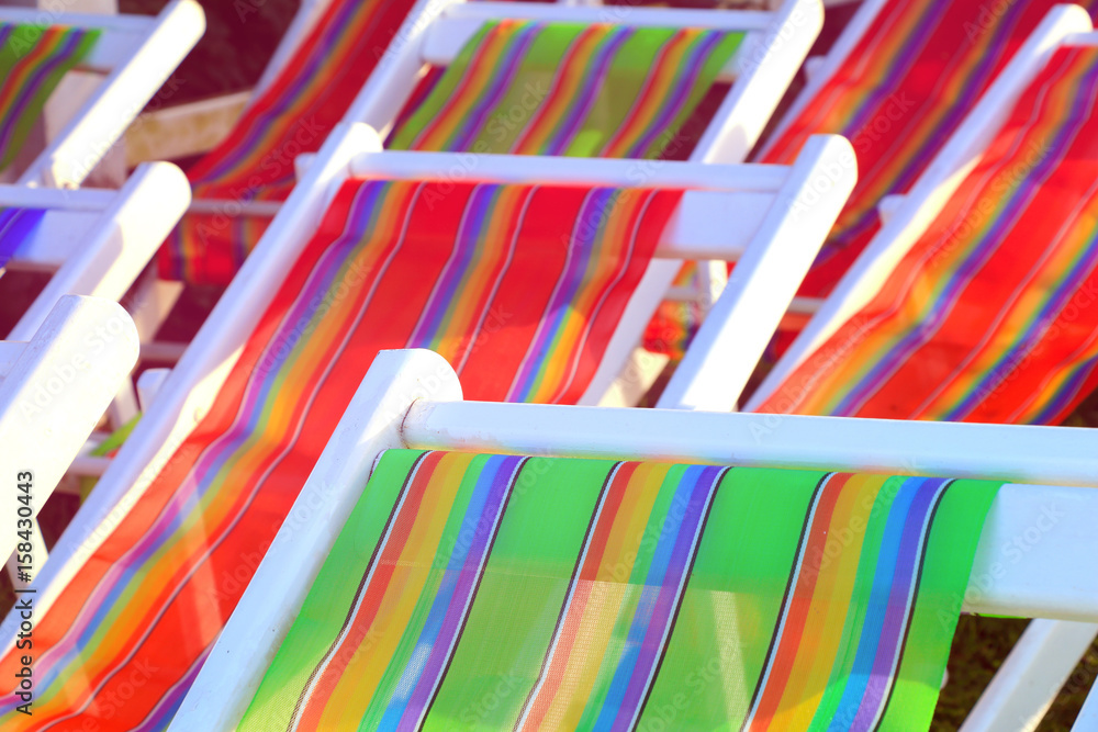 close-up of colorful beach chairs