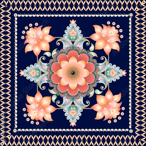 Indian floral paisley medallion pattern. Ethnic bandana print. Carpet, greeting card, ceramic tile, interior and wrapping design.
