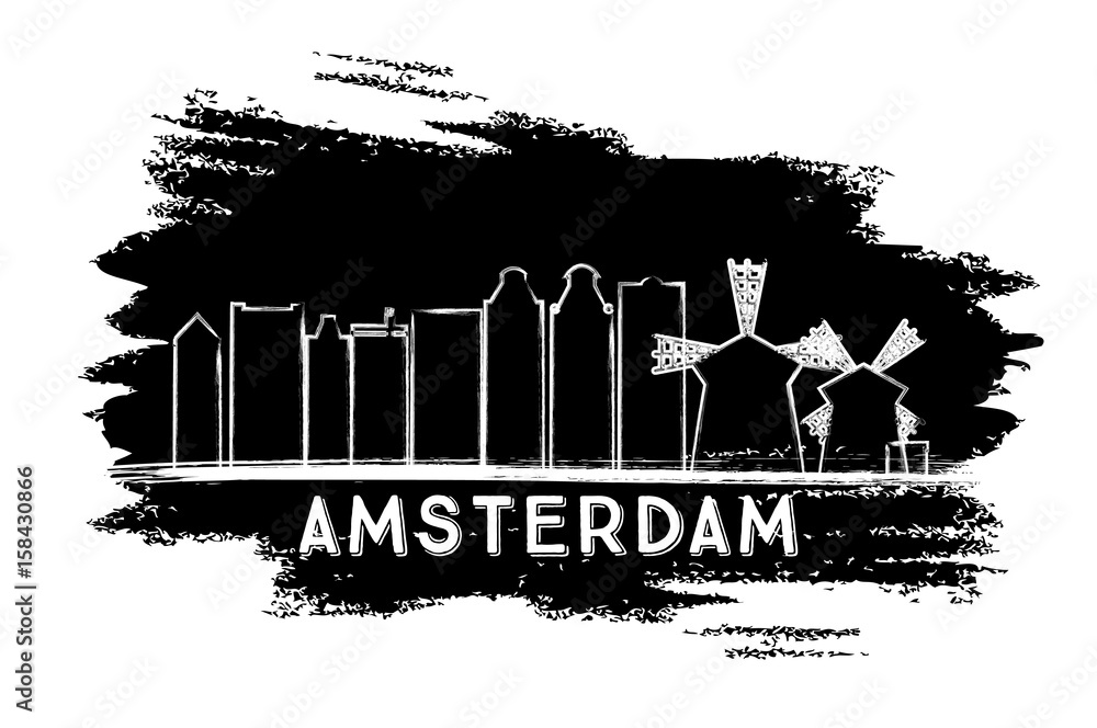 Amsterdam Skyline Silhouette. Hand Drawn Sketch.
