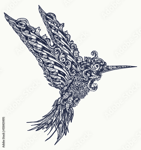 Humming bird tattoo and t-shirt design. Symbol of freedom, dream, travel, imagination. Beautiful flying humming  in ethnic style, bird tattoo