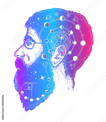 Scientist tattoo. Double exposure style tattoo art, portrait of hippie fashionable man t-shirt design. Symbol of dreamer, creator, philosopher