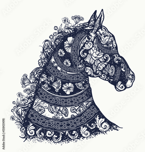Horse tattoo and t-shirt design. Symbol of freedom, strength, grace. Horse head in ethnic style tattoo art