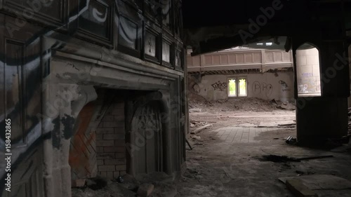 Wallpaper Mural POV: Urban exploration of spooky abandoned City Methodist Church in Gary, USA. Big religious building collapsing. Graffiti on the walls, ruined pillars, broken dusty planks and demolished fireplace Torontodigital.ca