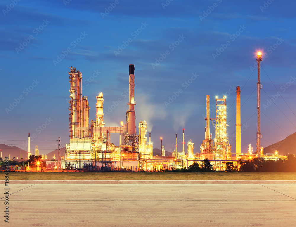 Fototapeta Oil gas refinery plant. May called petroleum, production or petrochemical plant. Industrial factory construction from engineering technology with steel pipe, pipeline, tank. Business for power energy.