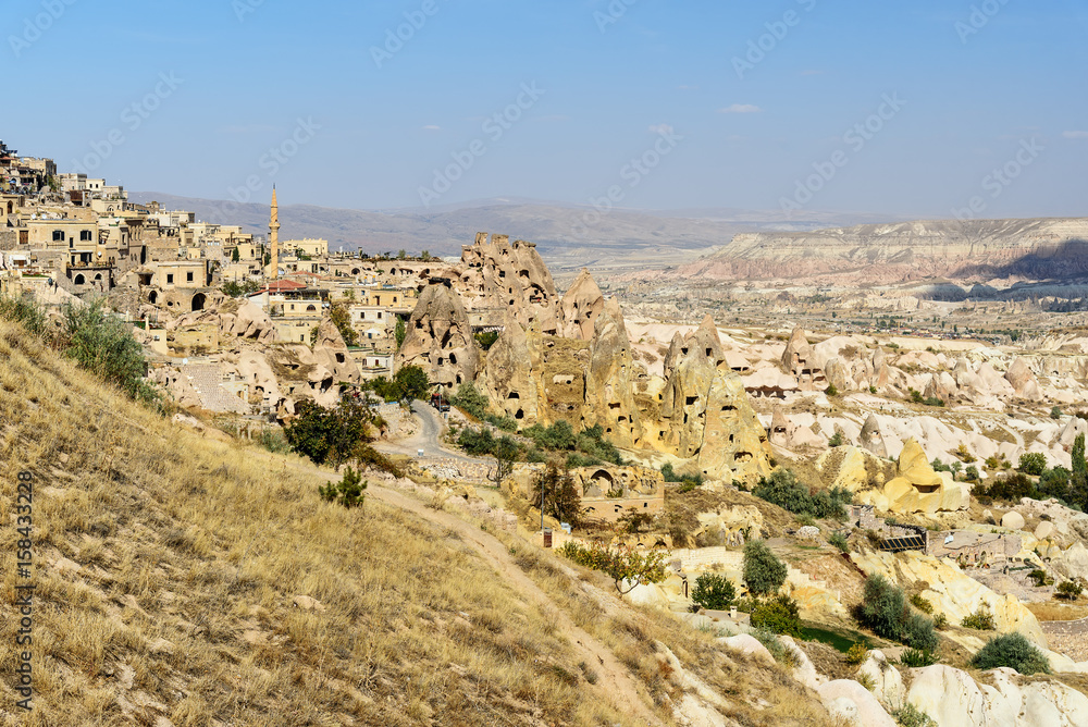 Pigeon valley and Uchisar town in Cappadocia. Turkey