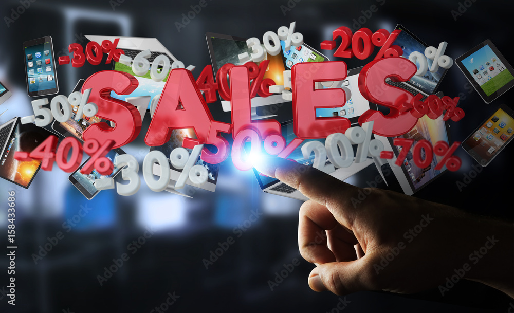 Businessman touching sales icons with his finger 3D rendering Businessman touching sales icons with his finger 3D rendering