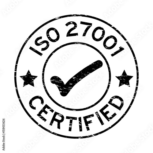 Grunge black ISO 27001 certified round rubber seal stamp on white background