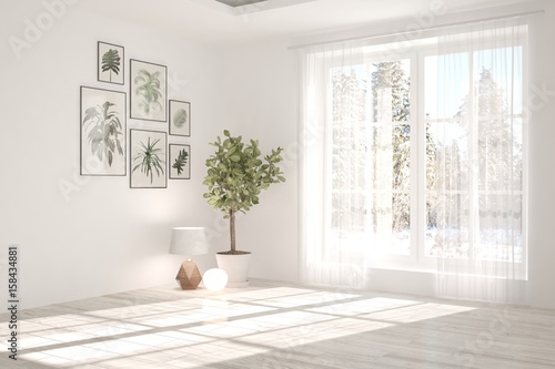 White empty room with winter landscape in window. Scandinavian interior design. 3D illustration photo