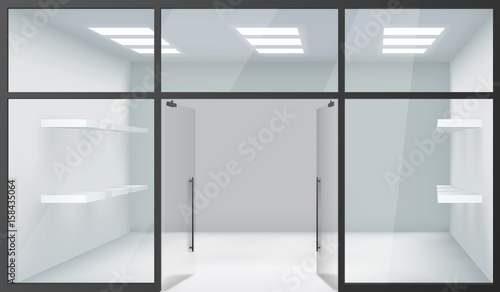 Shop Empty Interior Front Store 3d Realistic Windows Space Open Doors Shelves Template Mockup Background Vector Illustration