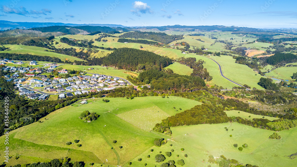 Aerial view on residential suburbs with green meadow on the foreground. Auckland, New Zealand.