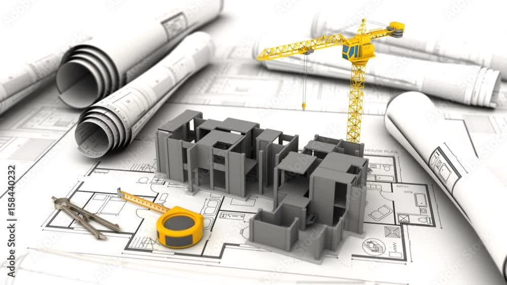 3d animation of crane and building construction site over blueprints