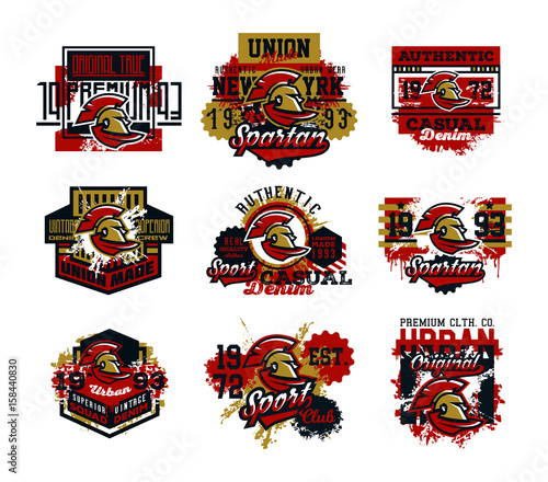 Collection of vector illustration on the theme of a soldier of the Roman army. The head of the gladiator, the helmet of the Romans. Grunge effect, text, lettering. Typography, T-shirt graphics, print