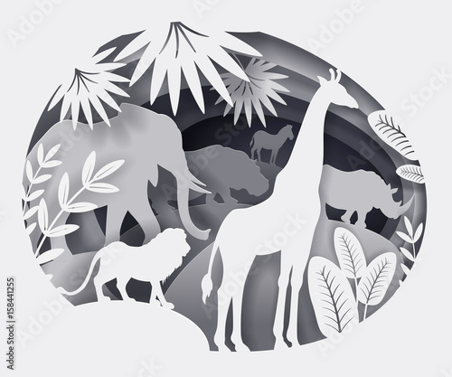 Illustration of silhouettes of African animals made of paper.