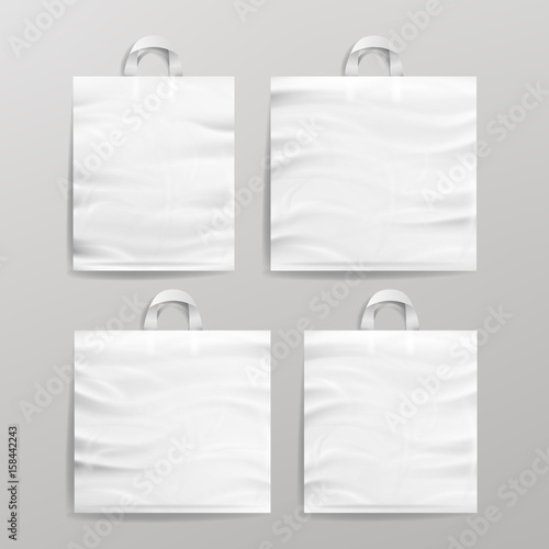 White Empty Reusable Plastic Shopping Realistic Bags Set With Handles. Close Up Mock Up. Vector Illustration
