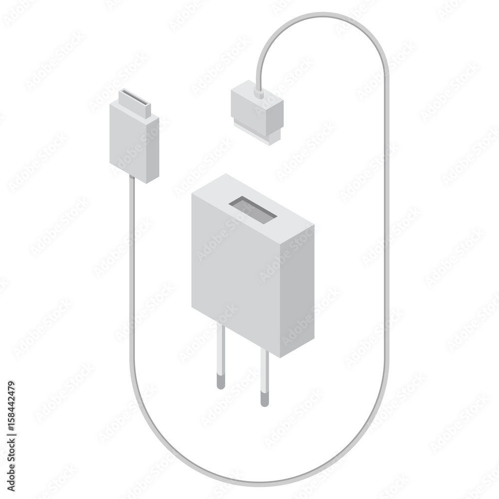 Charger in isometric view,USB cord and plug,Simple vector image Charger in isometric view,USB cord and plug,Simple vector image