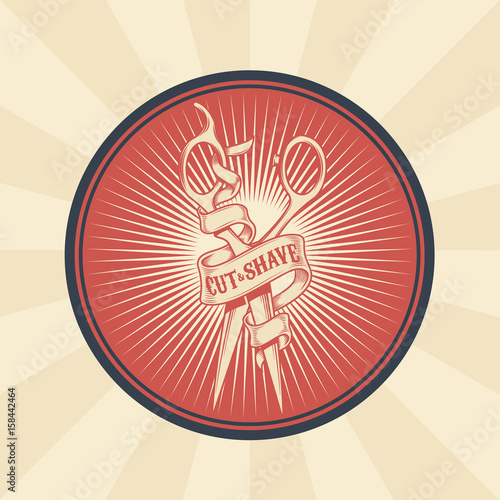 Vector vintage illustration of badge, sticker, sign for barber shop with hairdresser s scisors. Print, template, design element