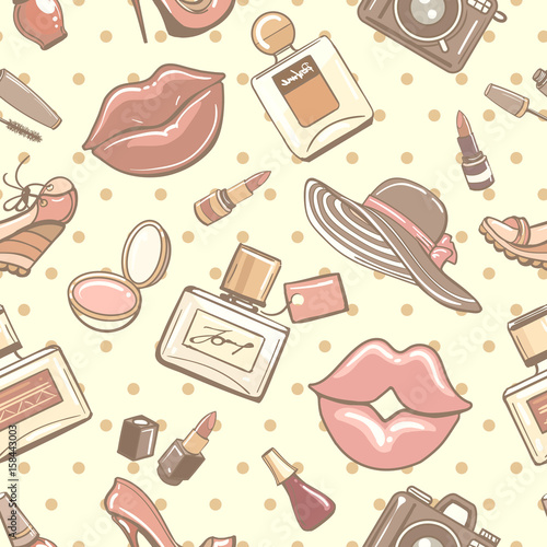 Paris fashion retro seamless pattern on polka dot background with accessories woman for scrapbook travel France like fashionable design. Vector illustration