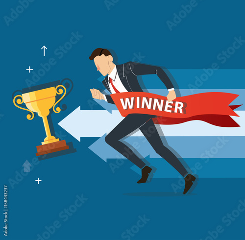 businessman running to success with a winner banner, business concept vector illustration 