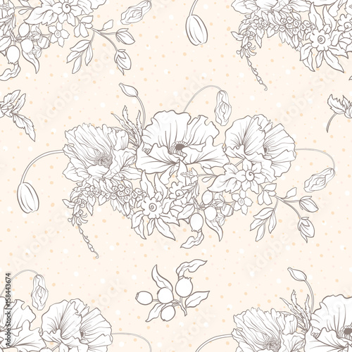 Seamless pattern with poppy flowers  daffodils  anemones  violets in botanical vintage style. On beige background . Stock line vector illustration.