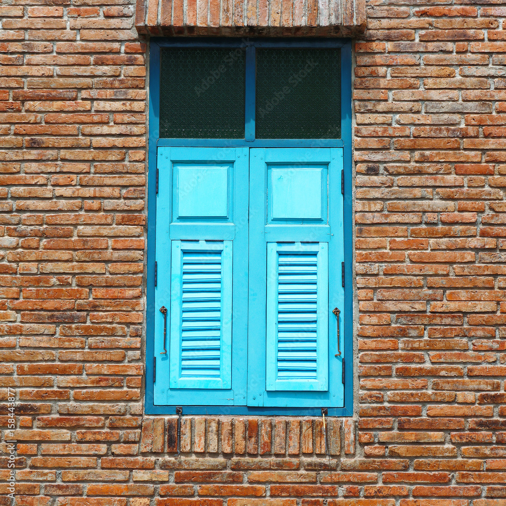 Old brick wall old blue window Old brick wall old blue window