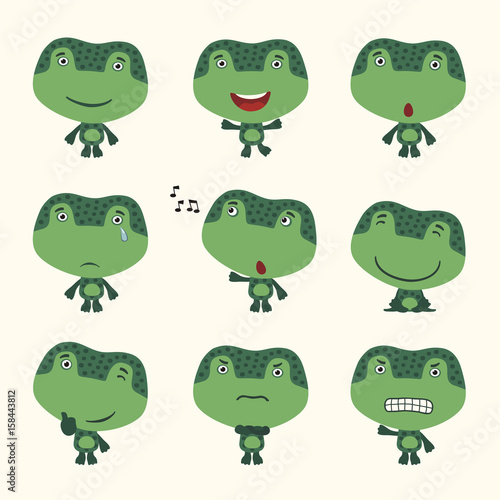 Set funny frog in different poses. Collection isolated frog in cartoon style for design children holiday and goods.