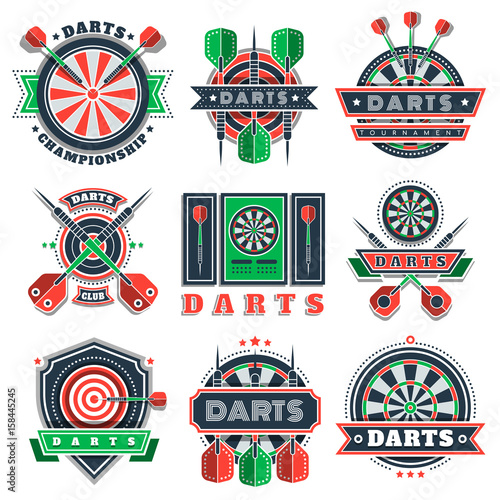 Darts sport tournament and championship logo, icons and badges. Dartboards, targets and arrows with wings decorated with ribbons, stars, dots. Design for darts sport and fan clubs.