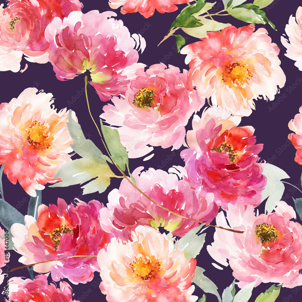 Seamless summer pattern with watercolor flowers handmade.