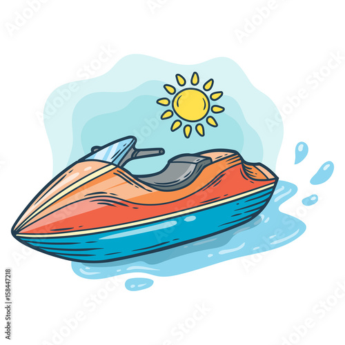 Water bike, scooter with sun hand drawn engraving sketch vector summer voyage cruise transportation illustration. Retro vintage marine transport. Boat symbol on white background.