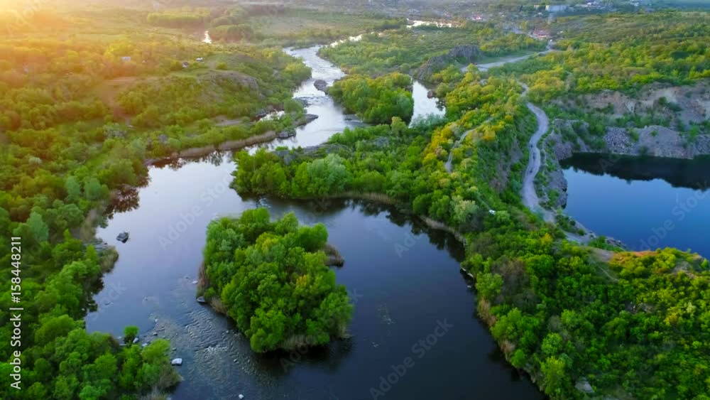 Aerial view of rapid river on sunset Aerial view of rapid river on sunset