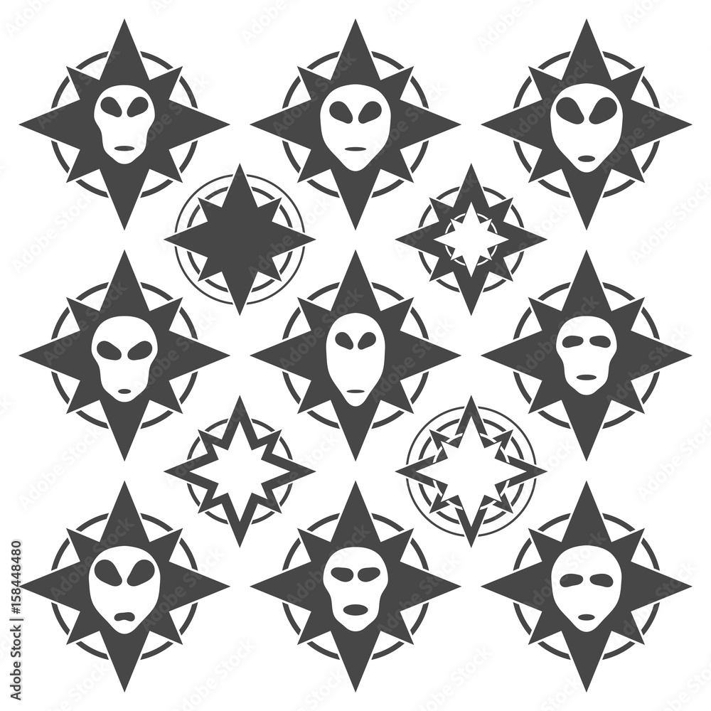 Set of alien face silhouette. Alien signs. Set of alien face silhouette. Alien signs.